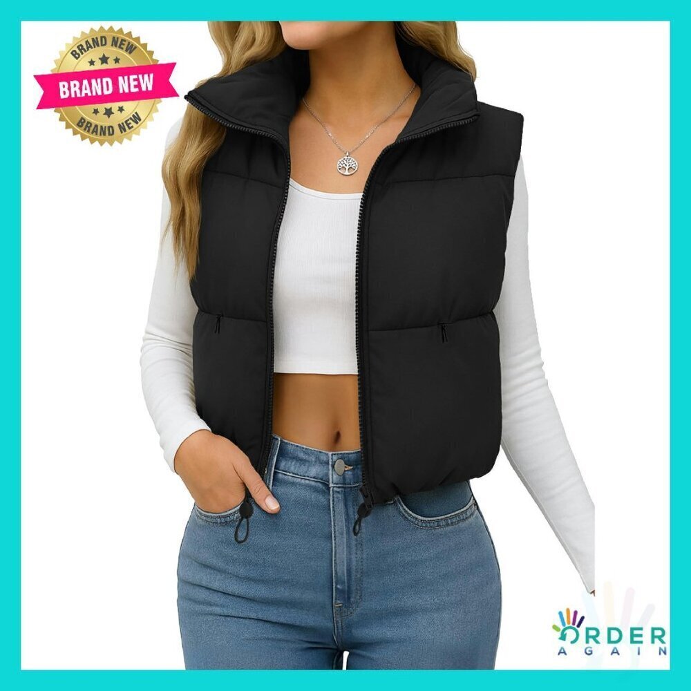 Cropped Puffer Vest Lightweight Warm Zip Up Fashion Stand Collar Chic